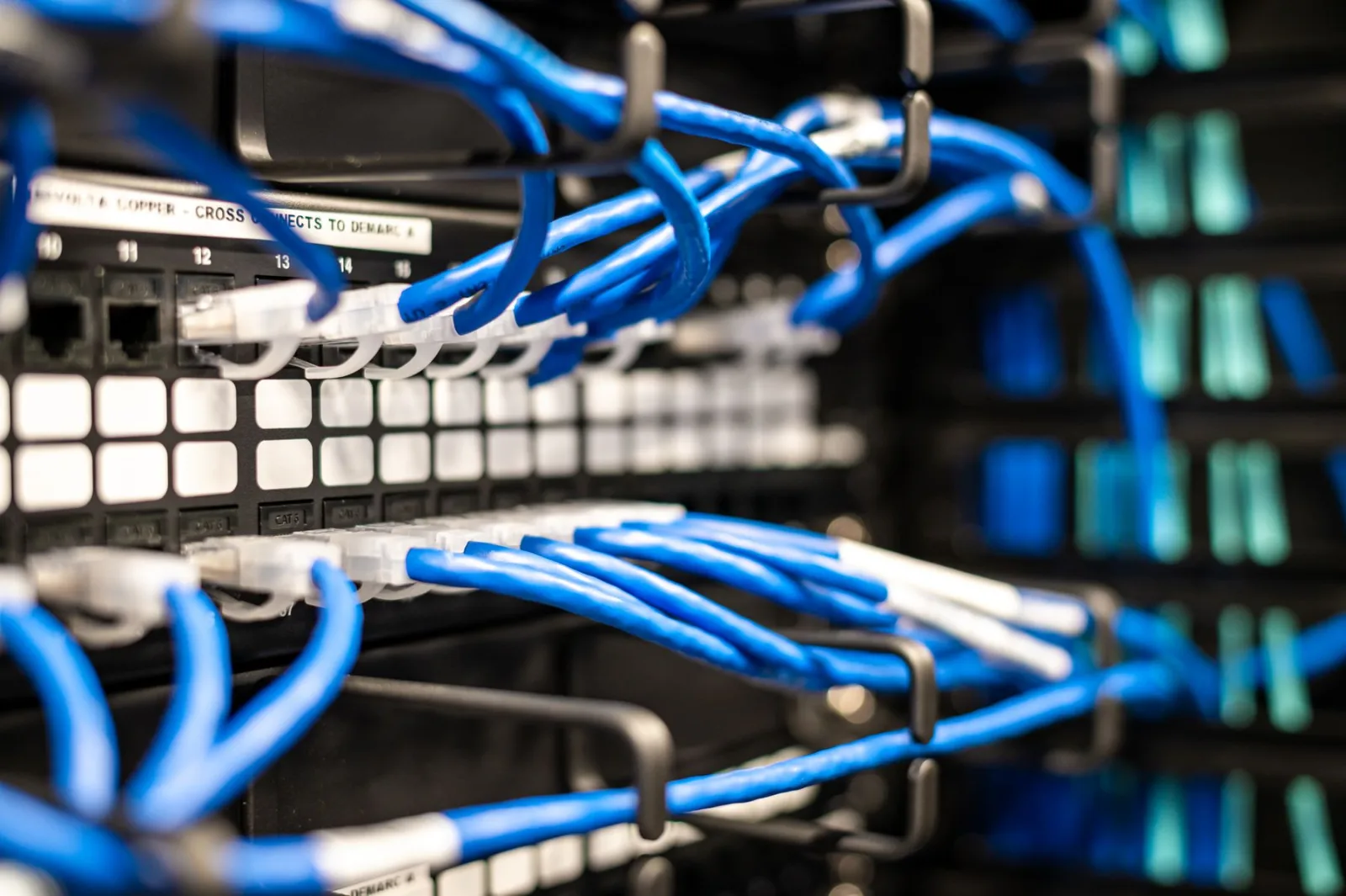 Blue network cables connected to enterprise switching and patch-panel equipment.